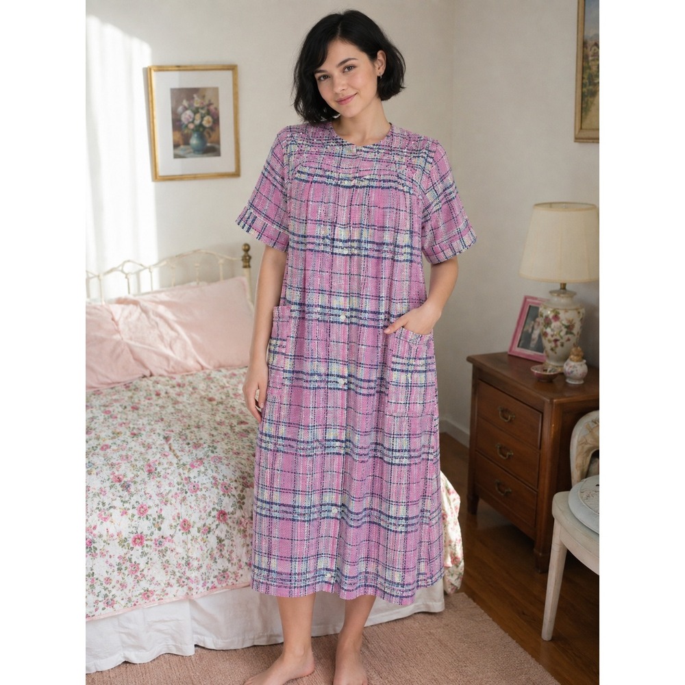Miss Elaine Pink Blue Seersucker Plaid Cottagecore Robe Nightgown Loungewear Sm